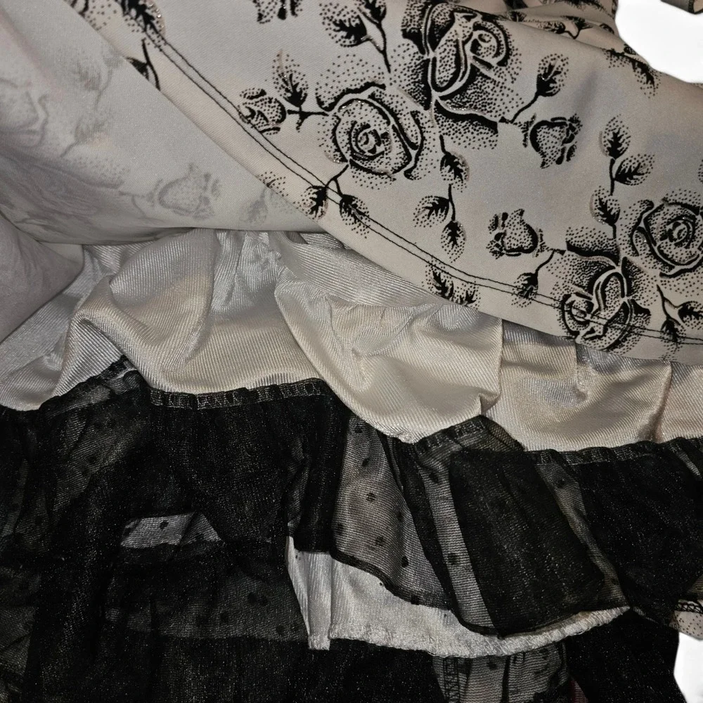Knitworks Floral Dress Girls 12 White Black Good Cold Shoulder Velvet Ruffle